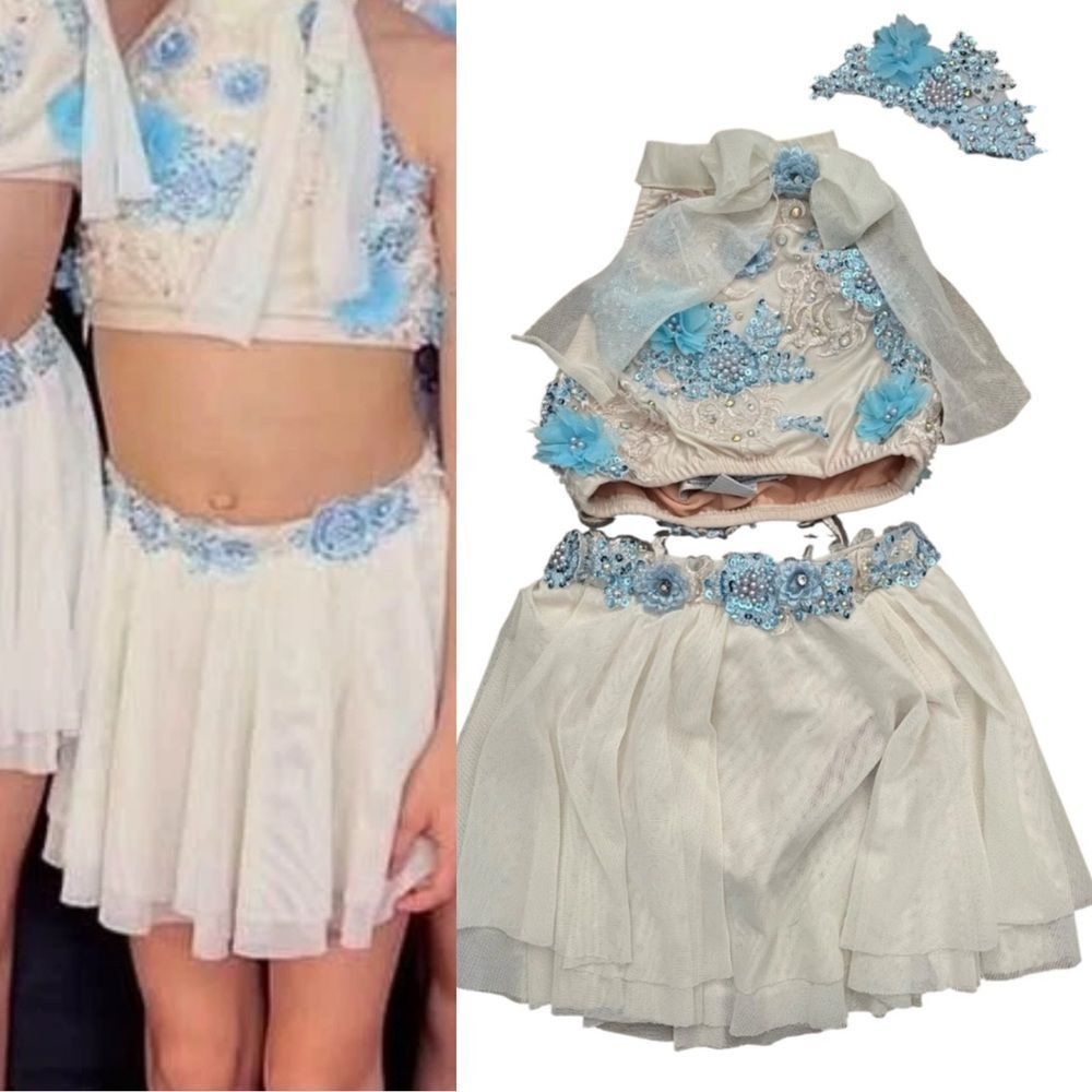 Glamour solo dance costume 2 piece white/cream blue embellished MC medium child